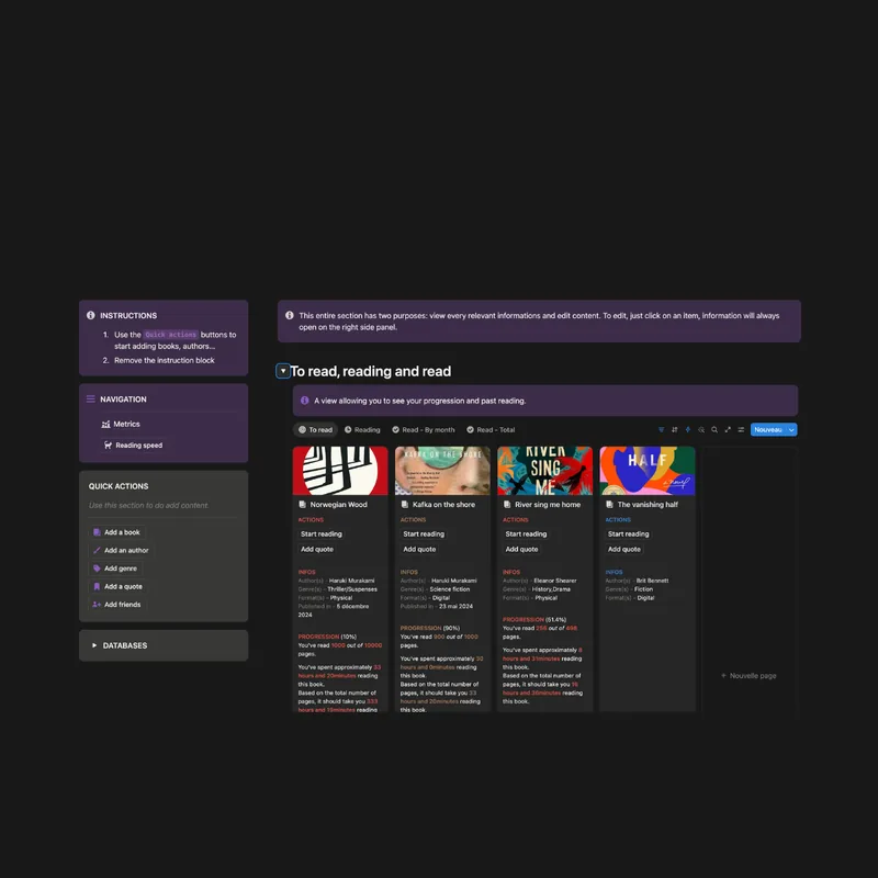 Vue principale de la bibliothèque de lecture Notion avec graphiques
