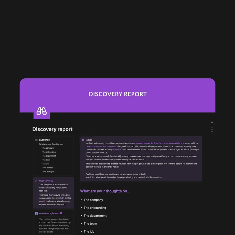 Template Notion rapport d'étonnement pour nouvelles recrues